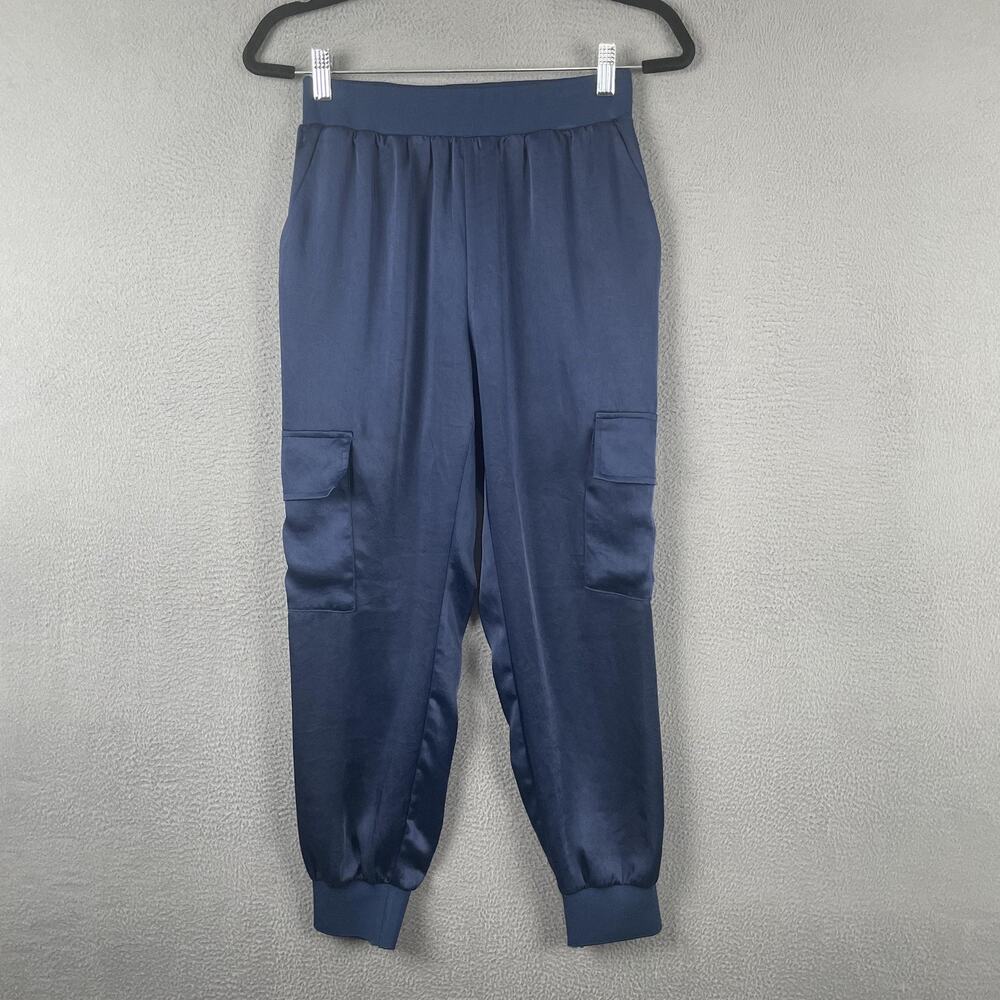 Ramy Brook Teegan Pants Womens XS Blue Satin Jogger Cargo Pockets Elastic Waist